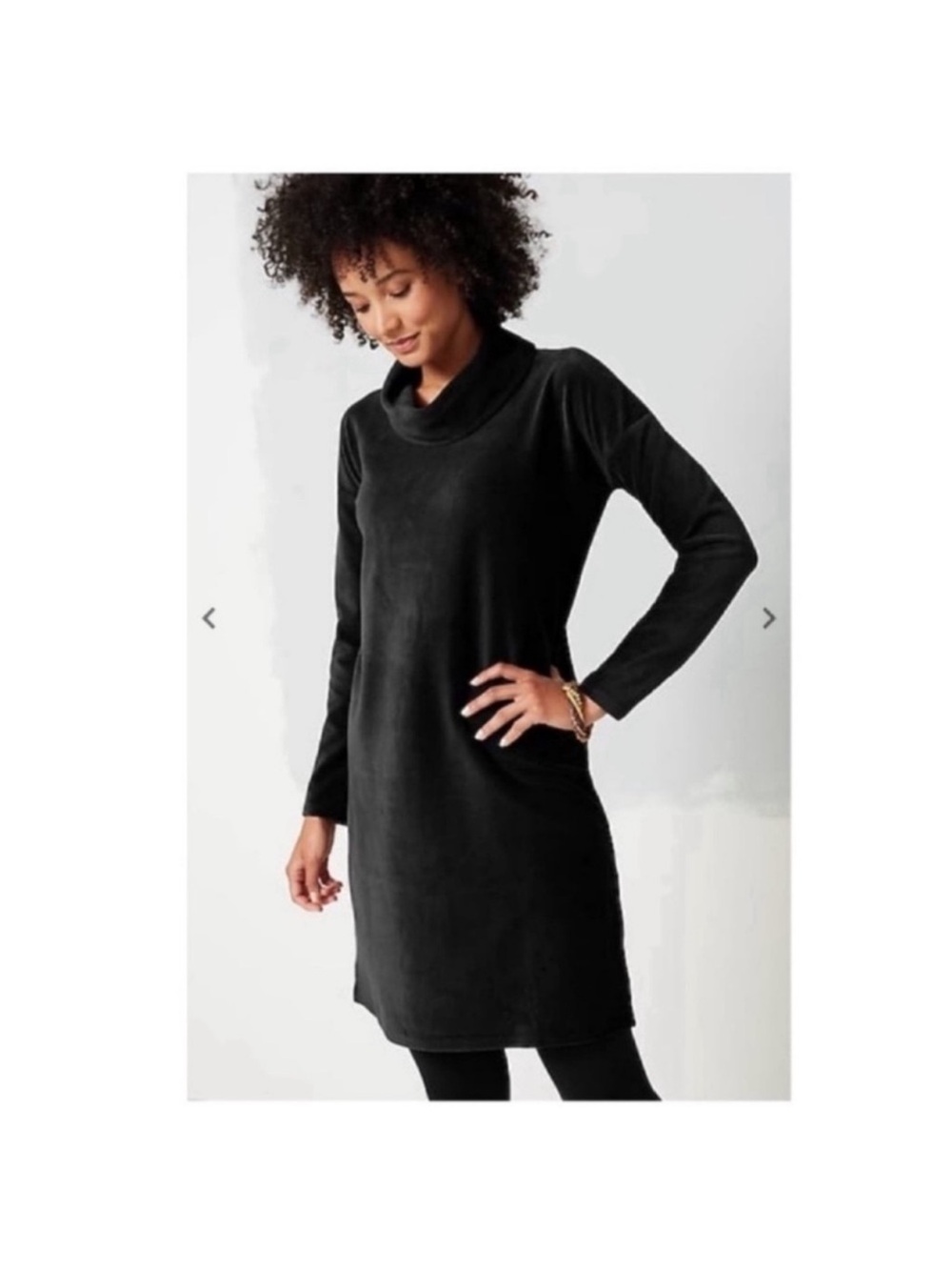 J Jill PureJill Velour Tunic Dress Sz S Petite Black Classic Cowl Long Sleeves
